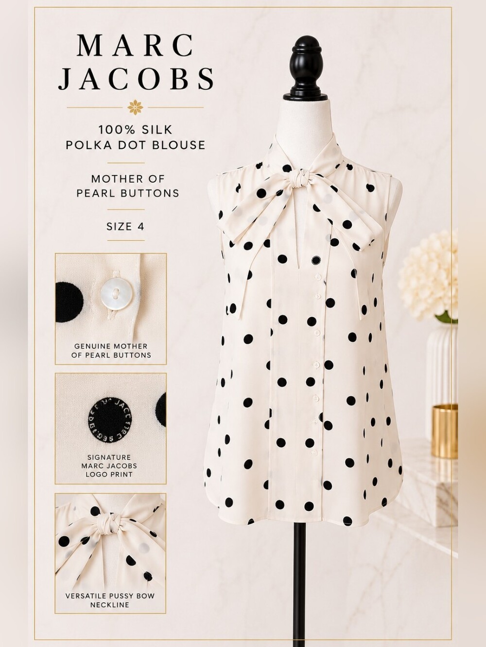 MARC JACOBS 100% Silk Polka Dot Bow Cream Blouse Mother Of Pearl Buttons Size 4